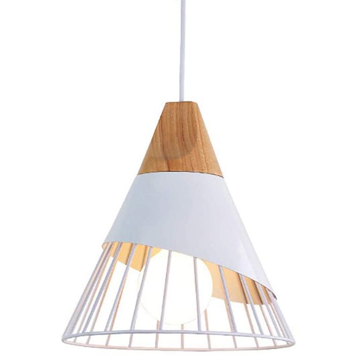 Suspension Luminaire - SMOTOP - Métal & Bois - Blanc Ø25 cm - Style Vintage Rétro