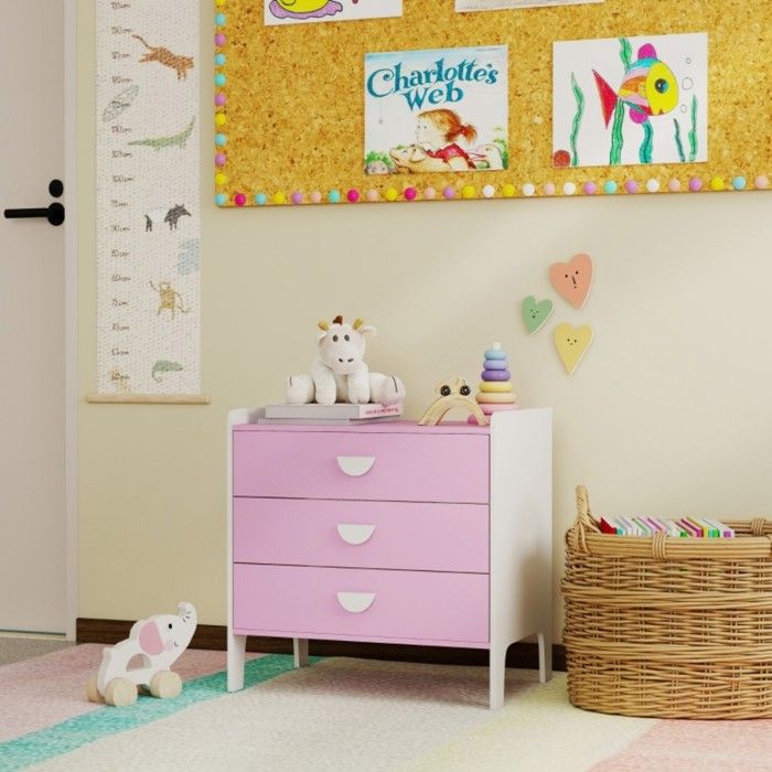 Commode Enfant 3 Tiroirs Rose et Blanc-Rangement Pratique Chambre Enfant-Meuble Fonctionnel et Ludique-Design MDF Sécurisé