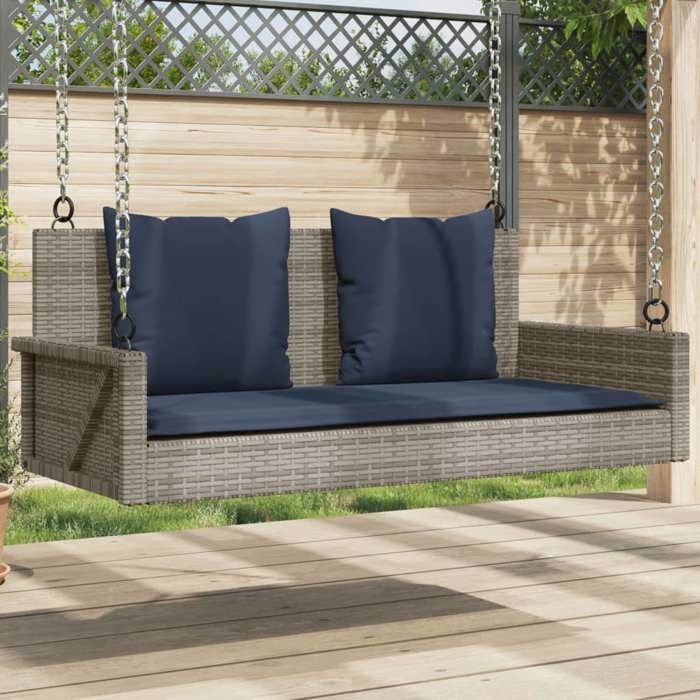 Banc à bascule en résine tressée - vidaXL - 119x56x48 cm - Gris - Coussins inclus - Rotin synthétique - Résistant aux UV