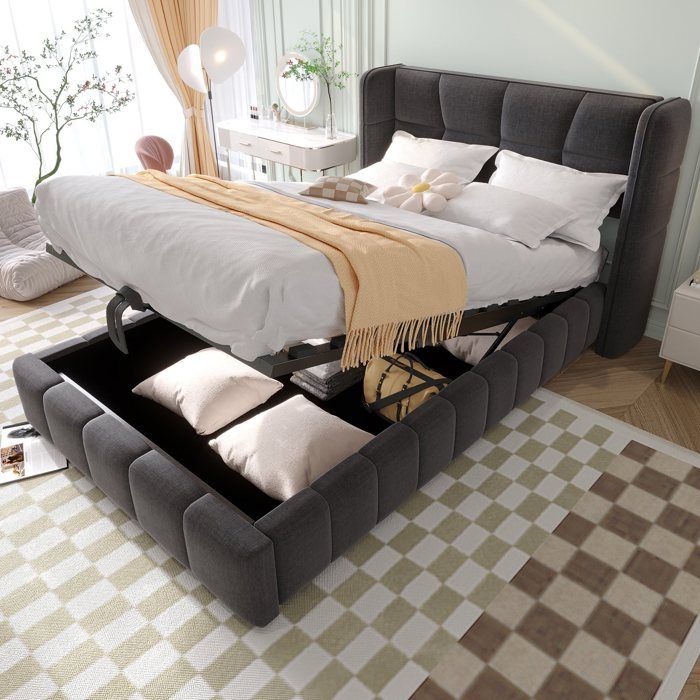 Lit rembourré 90x200 cm lit coffre lit enfant sommier à lattes tête de lit et système de rangement pneumatique lin gris