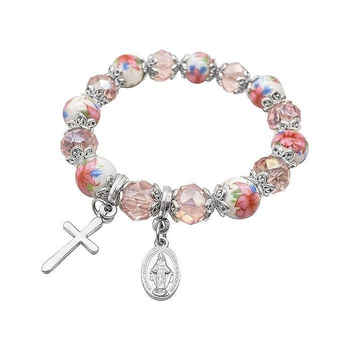 Nazareth Store Bracelet Croix Religieuse Cristal Rose Chapelet Élastique Perles Céramiques Fleur Médaille Miraculeuse Crucifix