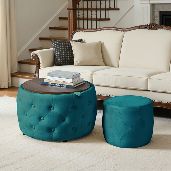 Lot de 2 Tabourets Pouf de Rangement Emboîtables Ronds - BELLEMAVE - Coffres de Rangement en Velours - 4 en 1 - Sans Montage - Bleu