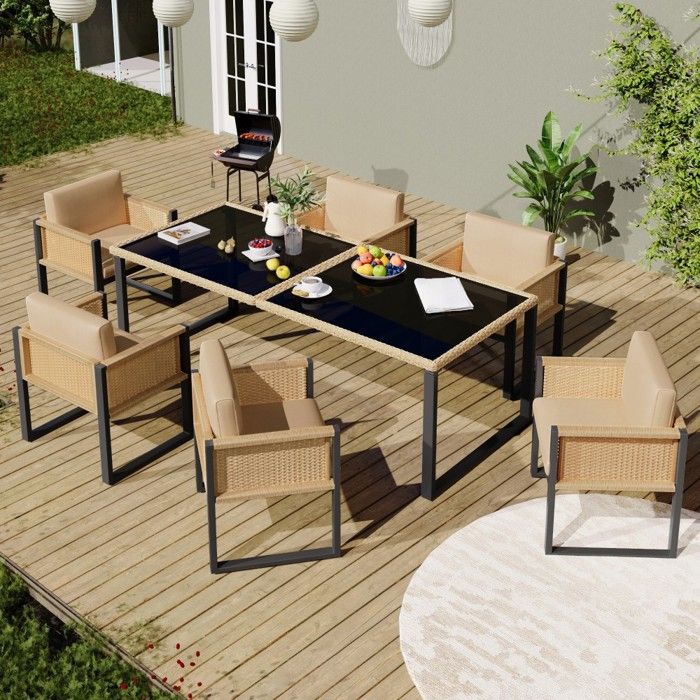 Ensemble Table et 6 Chaises de Jardin en Polyrotin Fauteuils avec Housses Amovibles Lavables Noir Marron 170x80x75cm / 55x55x80cm Ensemble Table et 6 Chaises de Jardin en Polyrotin Fauteuils avec Housses Amovibles Lavables Noir Marron 170x80x75cm / 55x55x80cm