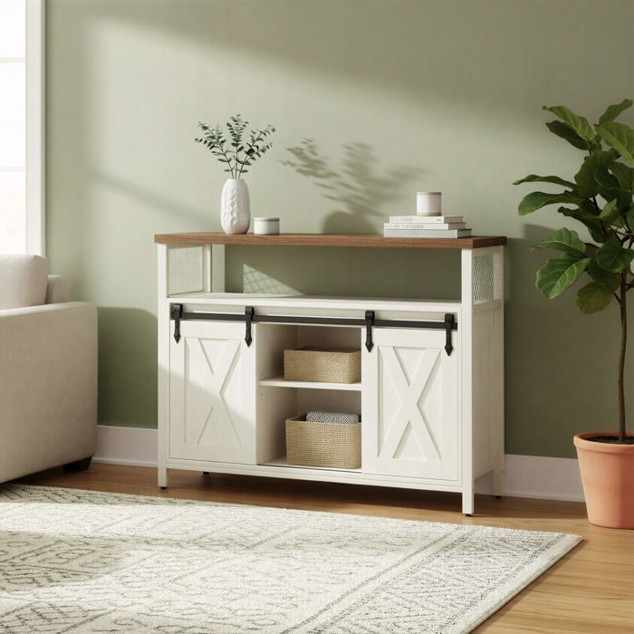 Buffet Cuisine avec 2 Portes Coulissantes 33 x 100 x 80 cm Étagères Réglables pour Salon Blanc et Marron