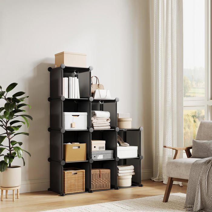 Étagère modulaire - LUNSY - 9 cubes 32x32x32 cm - Cadres en acier - Panneaux en plastique PP - Connecteurs en ABS