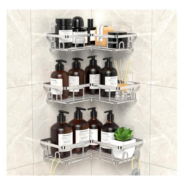 Étagère de Douche sans Percage Etagere Salle Angle de Bain Rangement Douche Nettoyant Corps(3 Pièces Etagère Salle Angle- Argent)