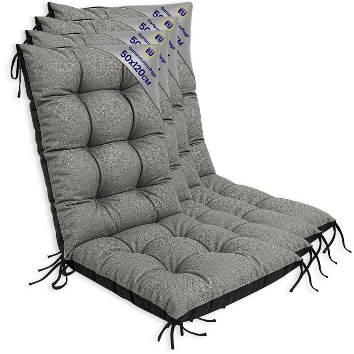 Coussin Chaise Jardin Dossier Haut Set: 4x 50x120 cm - Matelas Siege Extérieur Mobilier Confort Imperméable Gris lin écologique