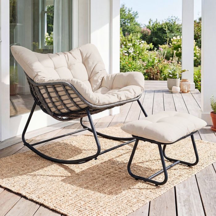 Fauteuil de Jardin à Bascule Œuf COSTWAY Repose-pieds Rotin PE Tressé Coussin Beige Intérieur Extérieur Balcon Terrasse Salon Fauteuil de Jardin à Bascule Œuf COSTWAY Repose-pieds Rotin PE Tressé Coussin Beige Intérieur Extérieur Balcon Terrasse Salon