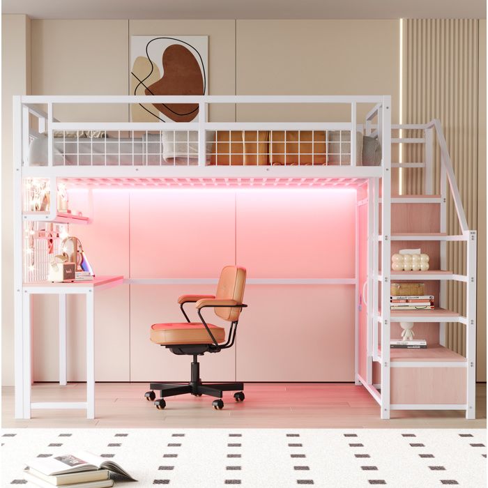 Lit mezzanine 2 places 140×200 cm avec bureau escalier de rangement LED et prise sans matelas blanc - UVRION