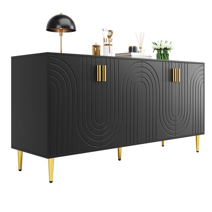 Console noire 152 x 40 x 75 cm avec décors en vague et poignées or idéal pour un intérieur raffiné