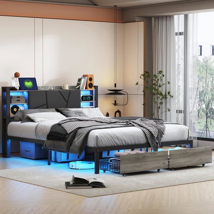 Lit bois/fer 160x200 table chevet barre lumineuse & USB double tiroirs au pied dossier rembourré tête rangement PU