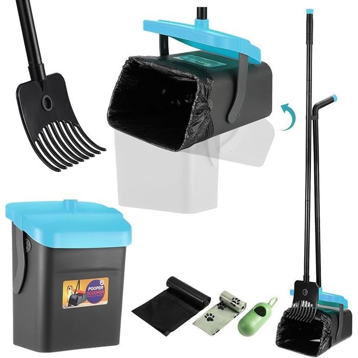 Pelle Ramasse Crottes pour Chiens Pelle à Déjections Canines et Râteau Pelle a Crotte Portable Kit de Ramasse Crotte (Bleu)