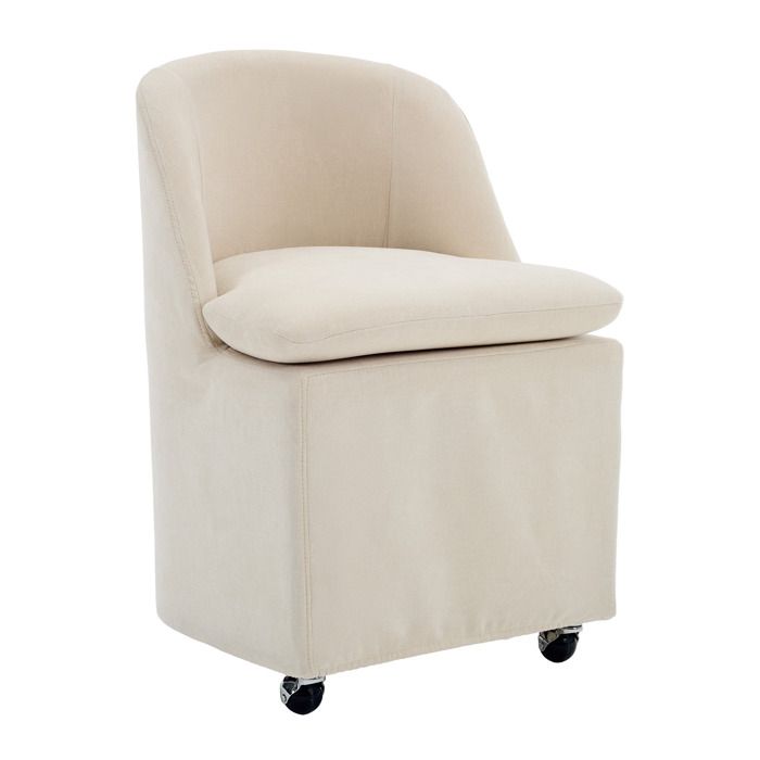 Chaise de salle à manger – Chenille beige – À roulettes 360° – Sans accoudoirs – Lot de 2