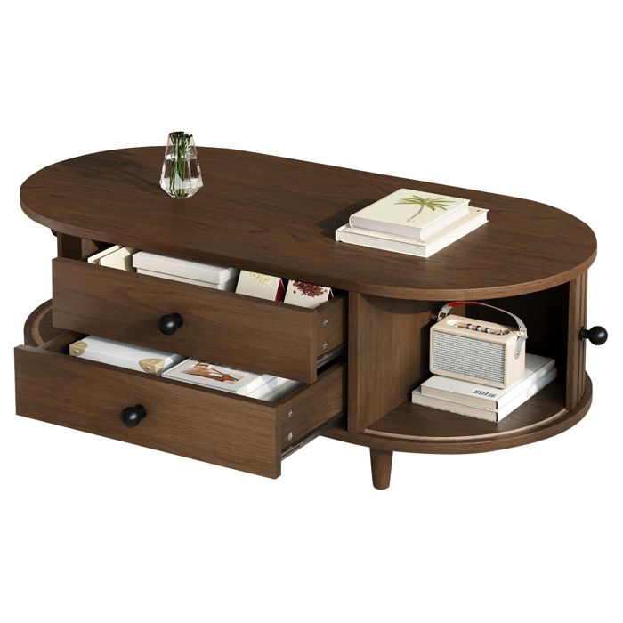 Table basse pour salon MDF noyer pieds bois massif 2 tiroirs portes coulissantes 100x50x36 cm supporte 50 kg