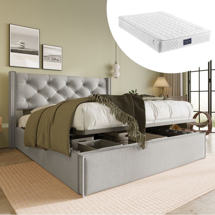 Modenuit Lit coffre 140x200 cm avec matelas sommier à lattes tissu coton gris clair