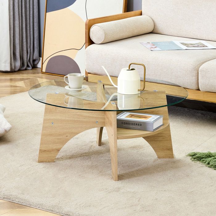 Table basse ronde en verre transparent 80 cm structure MDF aspect bois naturel design moderne