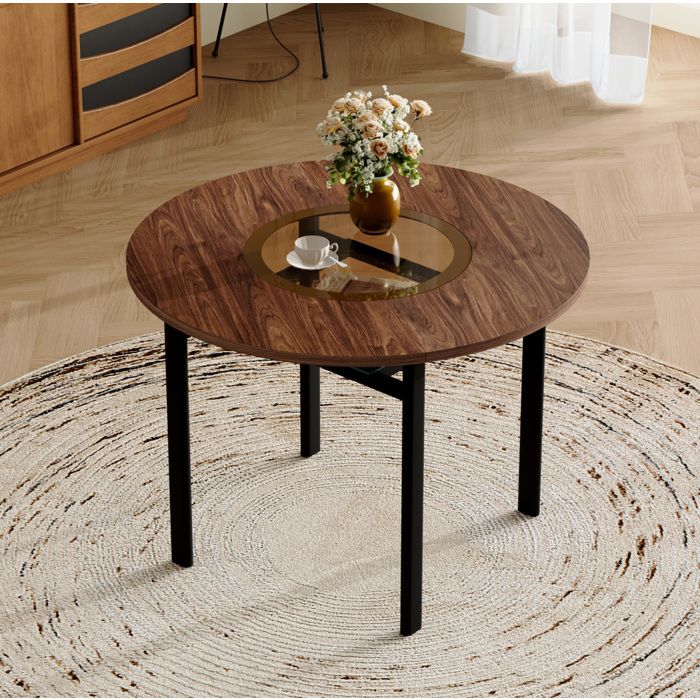 WOVREO Table à manger ronde 100 cm plateau MDF effet bois marron insert en verre brun-gris métal noir