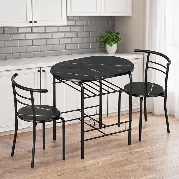 Ensemble table et 2 chaises design industriel finition marbre noir mat plateau 80x52 cm avec étagère intégrée coin repas compact