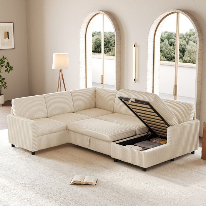 Canapé-lit dangle en U - Beige - Velours côtelé - 220×274×85 cm - Fonction de couchage - Méridienne avec rangement
