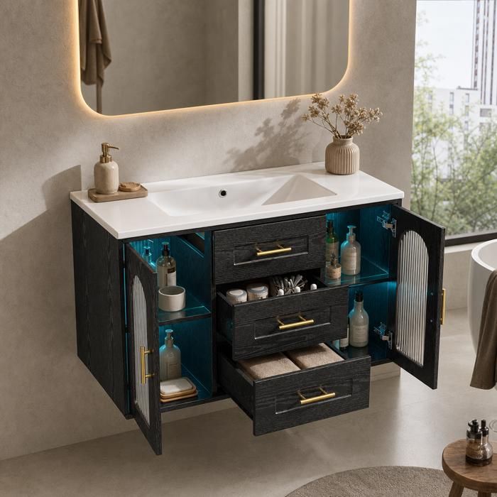 Meuble salle de bain avec lavabo suspendu armoire murale à portes en verre et tiroirs éclairage LED réglable noir 76 cm