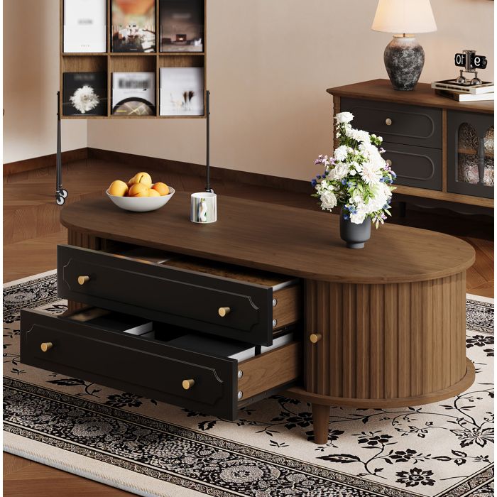Table Basse Ovale Noyer Et Noir Table De Salon Retro FloraGrace Pour Salon Avec 2 Tiroirs Et 2 Portes 100x50x36cm
