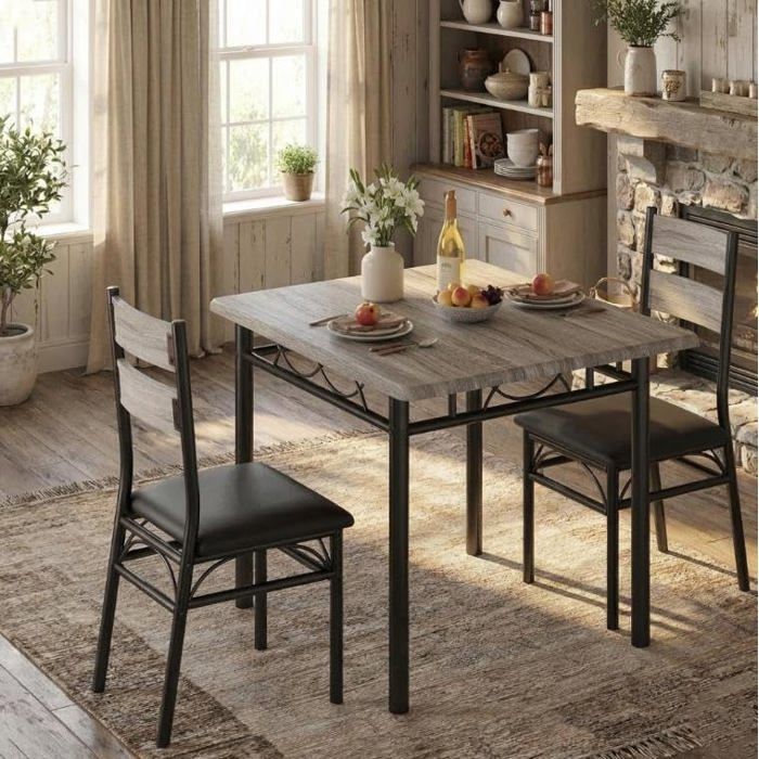 Set Table de Cuisine 3 Pièces – Table Carrée Métal Solide + 2 Chaises Haute Rembourrée  – Gris – 110 x 70 x 75 cm