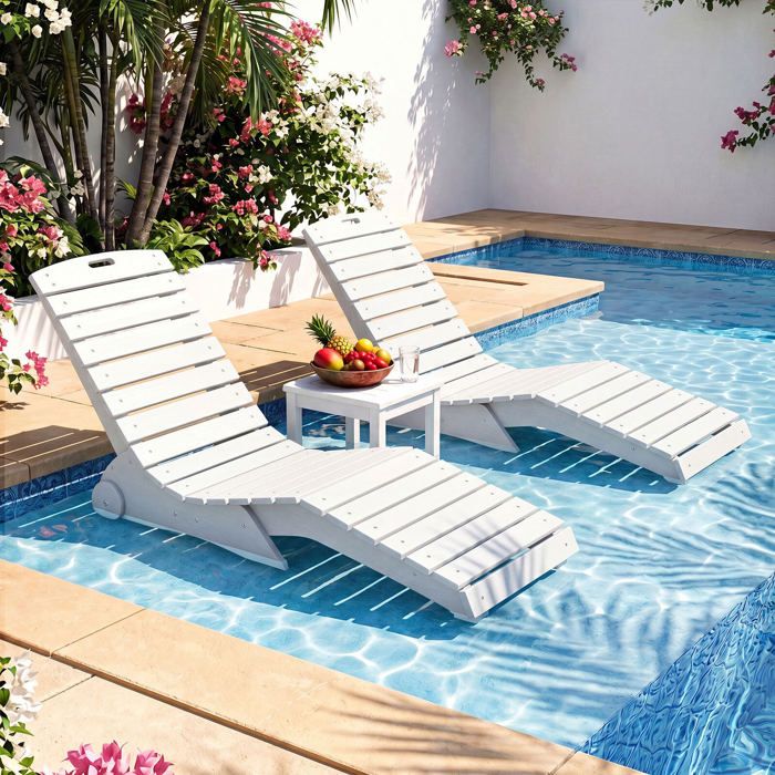 Chaise longue de piscine ergonomique avec roues anti-dérive pour une utilisation en eau peu profonde – Blanc