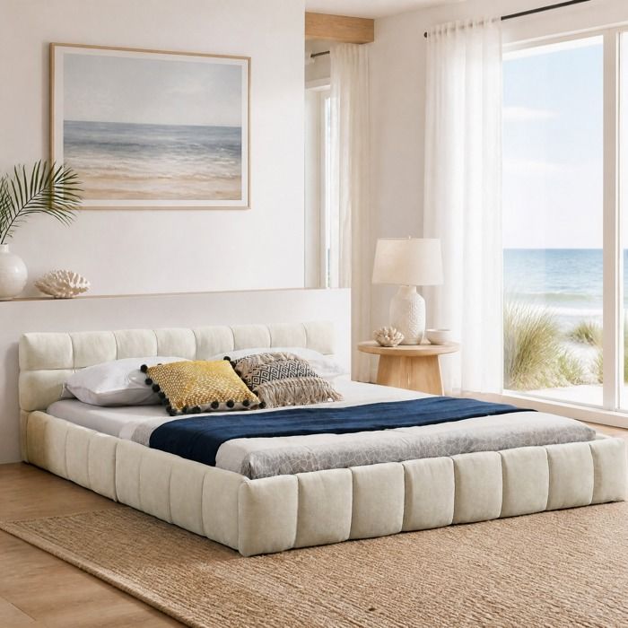 Lit double 160x200 cm avec sommier à lattes chenille beige bois d’eucalyptus et fer montage facile VEVXYN