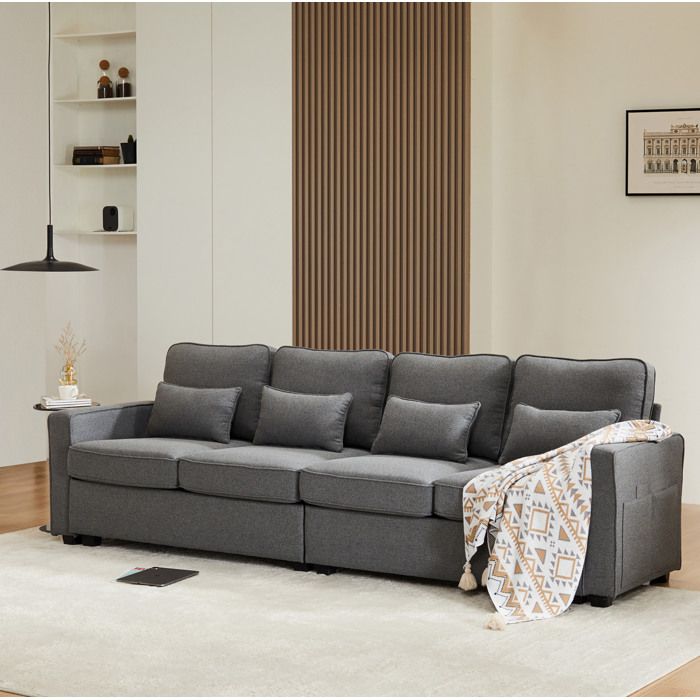Canapé 4 places fixe en lin gris foncé 264x83x87 cm avec poches de rangement 4 coussins et dossier haut VEVXYN