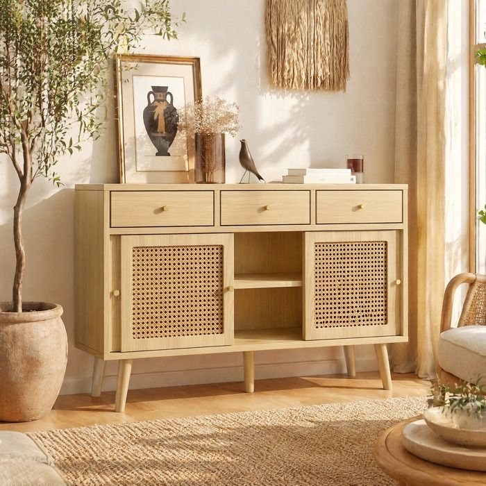 Buffet Enfilade Chêne 3 Tiroirs 3 Portes Coulissantes en Rotin - MODENVIE - Rétro MDF 120×40×78 cm Marron