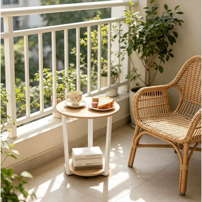 MEULVA Table basse ronde avec 2 étagères métal et bois blanc et chêne clair