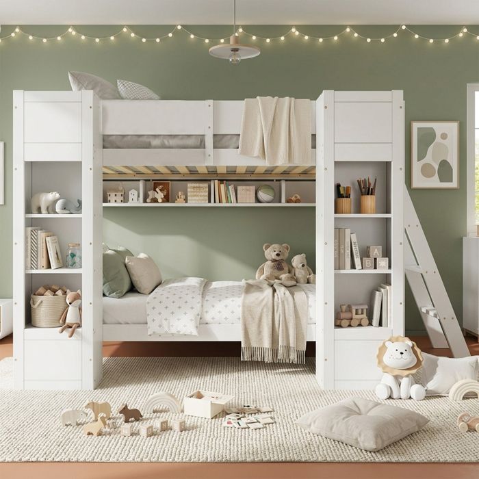 Lit superposé 90x200 avec rangements et étagères - Pin massif et MDF - Échelle réversible - Barrières sécurité - EN747 - Blanc