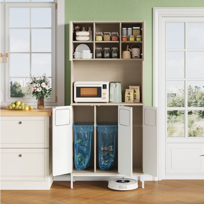 Meuble haut de cuisine AESVAR avec tri des déchets compartiment micro-ondes MDF blanc et bois clair 80 x 35 x 181 cm