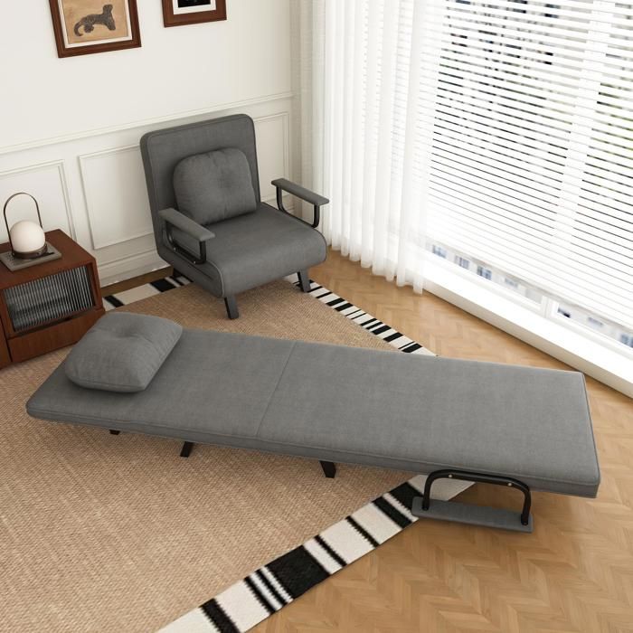 Fauteuil Relax Convertible - 60x60x80cm - Chauffeuse Lit 185cm Dossier 5 Positions 180° Chenille Métal - Gris Élégant
