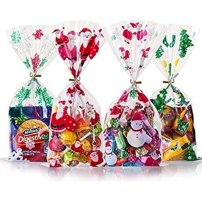 lot de 200 sacs à bonbons noël pochette sachet transparent chocolat biscuit sacs de cadeaux - 27 x 12 cm