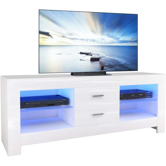 Meuble TV HOMCOM 120 Cm Avec éclairage LED RGB - Haute Brillance Blanc - Support TV 43-50 Pouces - Étagères Verre Et Placard Rabattable