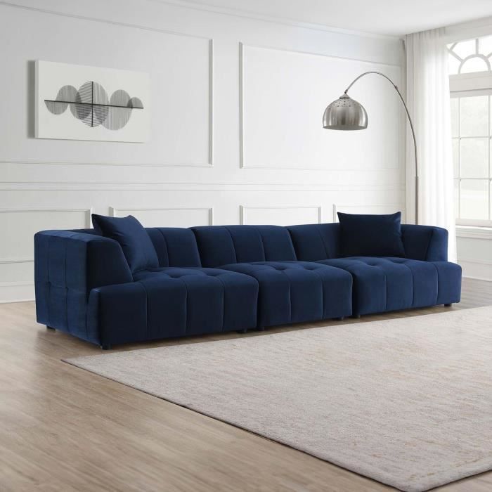 canapé capitonné 4 places en velours bleu - anya - design contemporain - confort optimal