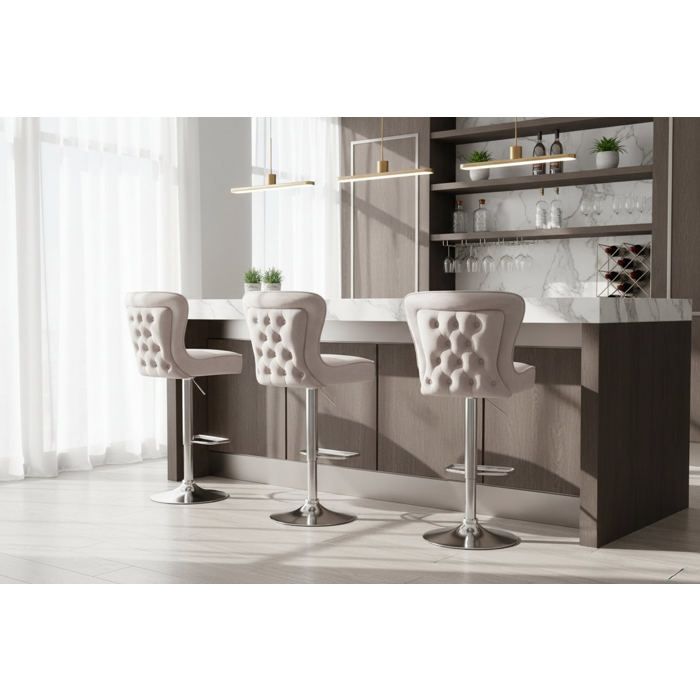 Lot 2 Tabourets de Bar Gabrielle Velours Beige Pieds Chrome Hauteur Assise 65cm