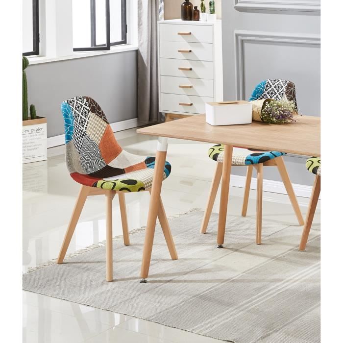 lot de 2 chaises en tissu à imprimé patchwork sacha- design scandinave - salle à manger, salon, bureau - style rétro & tendance