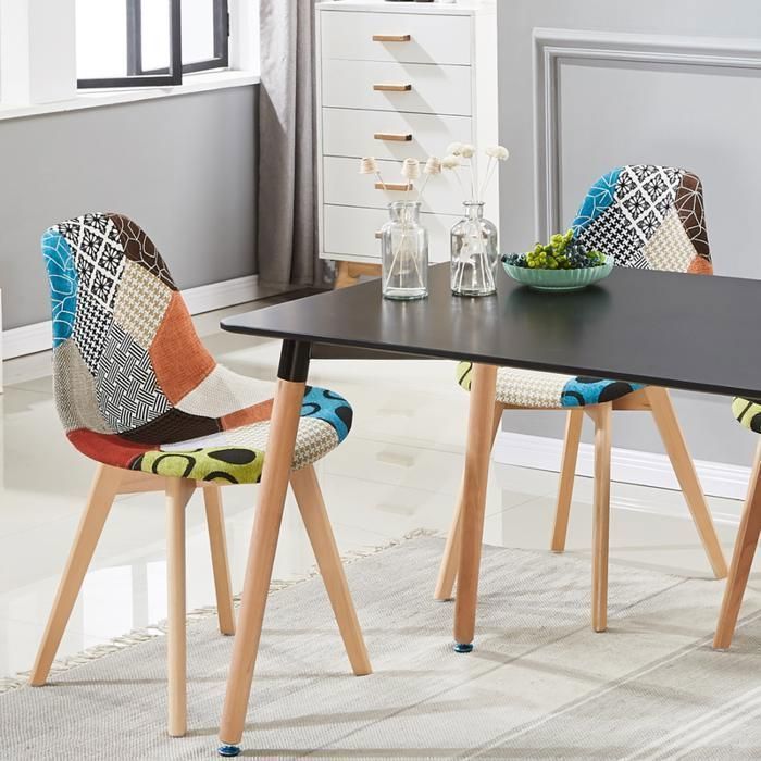 lot de 2 chaises en tissu à imprimé patchwork sacha- design scandinave - salle à manger, salon, bureau - style rétro & tendance