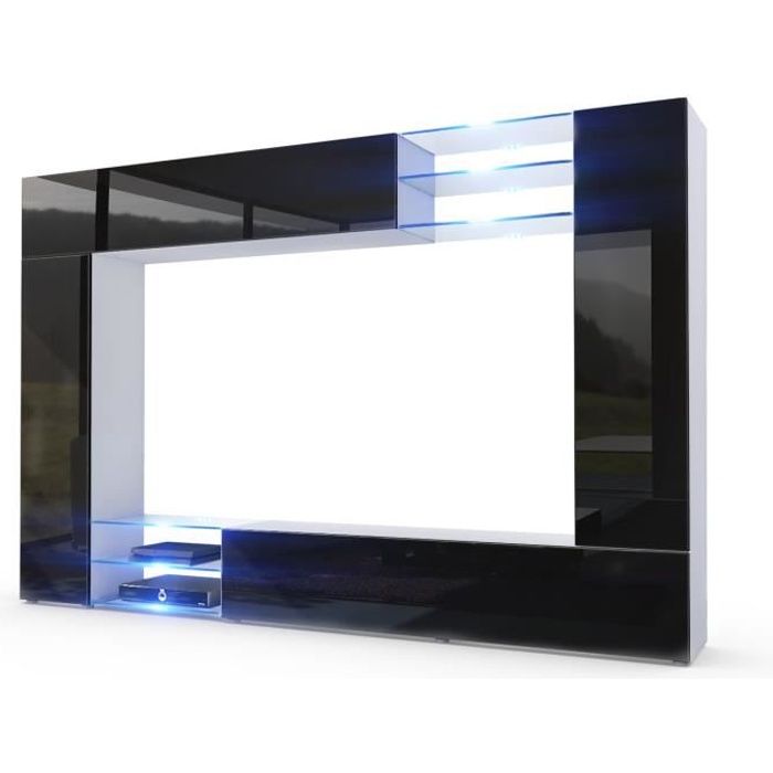 Vladon Combinaison murale Mirage Corps en Blanc mat - Façades en Noir haute brillance avec léclairage LED Vladon Combinaison murale Mirage Corps en Blanc mat - Façades en Noir haute brillance avec léclairage LED