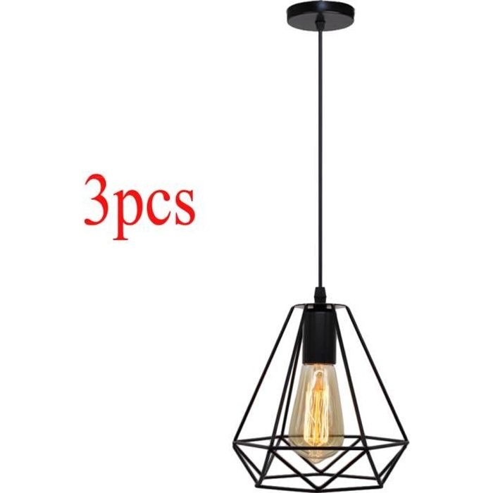 UNI Lot de 3 Suspension Luminaire Industrielle E27 Diamant Cage Lustre Suspension Plafonnier en Fer Forgé Noir