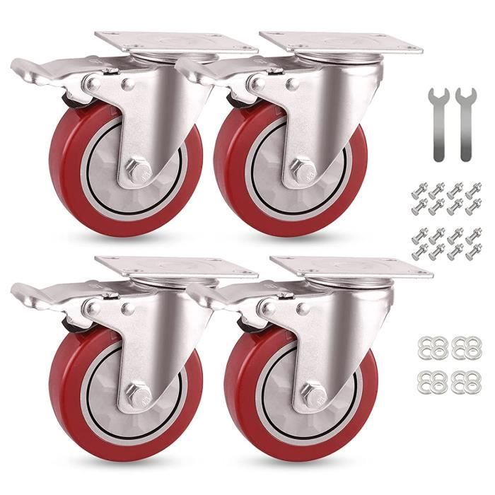 Lot de 4 roulettes pivotantes 50 mm avec vis filetées M10 et écrous M10