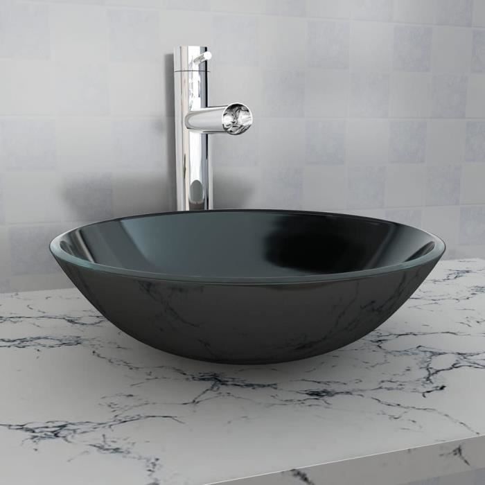 3496LIVE]Lavabo salle de bain VINTAGE - Vasque à Poser Éviers et lavabos Verre trempé 42 cm Noir FR MEUBLE TOP 42 x 14 cm