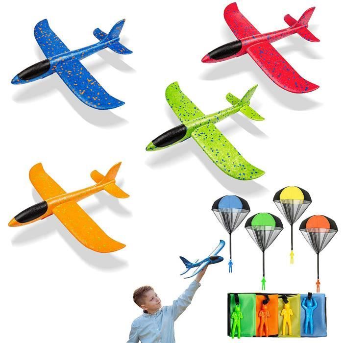 Jouet pour Enfant Avion Planeurs,4 Pcs Avion de Lancer Manuel + 4 Pcs Jouet  de Parachute,Planeur pour Enfants Jeux de Plein Air