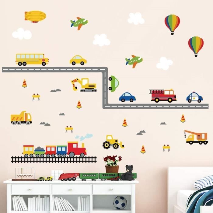 Decalmile Stickers Muraux Transports Construction Voiture Autocollant Mural Camion Avion Decoration Murale Chambre Bebe Garcon E132 Cdiscount Maison