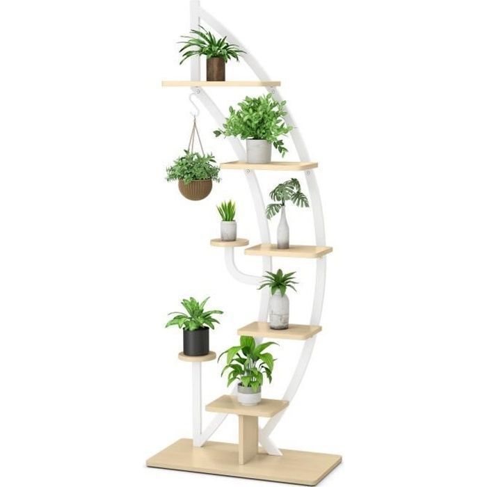 COSTWAY Étagère à Fleurs en Métal 7 Niveaux Porte Plantes en Forme de Demi-lune avec Dispositif Anti-renversement 60x30x155CM Blanc