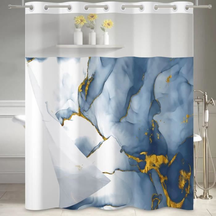 LXBNI Rideau De Douche Rayures Dorées Blanches Avec Doublure Clipser - Sans Crochet, Fenêtre Maille Transparente