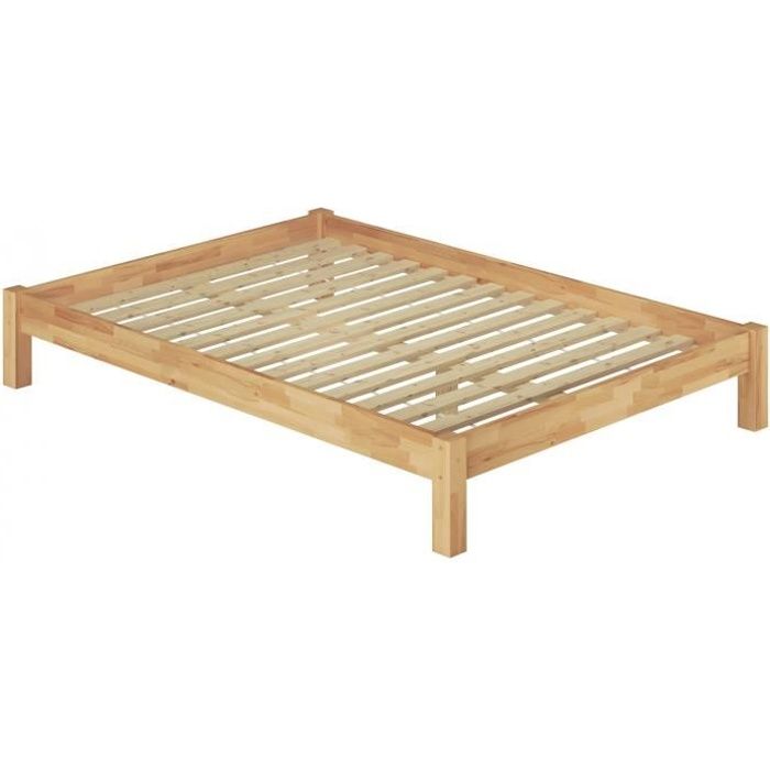 60.84-14 lit adulte style futon en hêtre massif naturel 140x200 cm avec sommier à lattes en bois