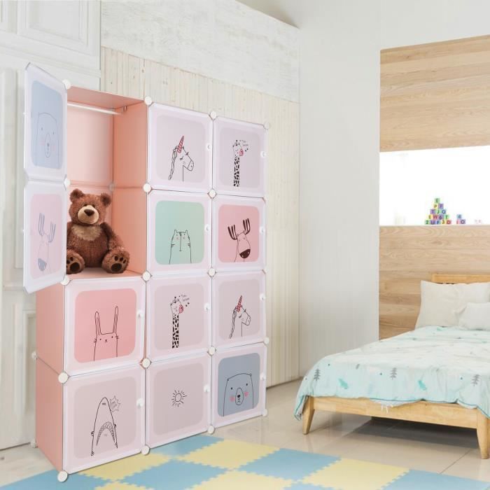 Armoire à douze compartiments avec deux crochets PP 105*35*140cm rose - HOMEWELL